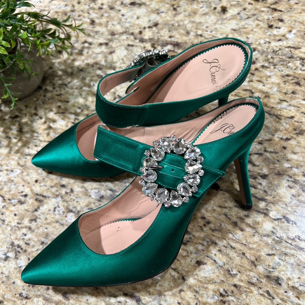 J. Crew Elsie Mary Jane Green Satin Mules with Jewel Buckle 9.5